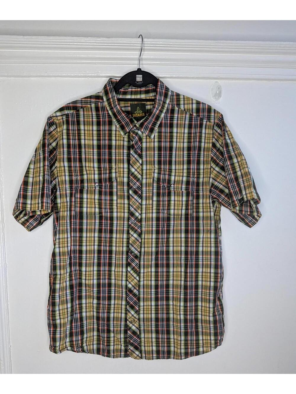 PrAna Shirt Mens Large Multicolor Plaid Organic Cotton Short Sleeve Button Front